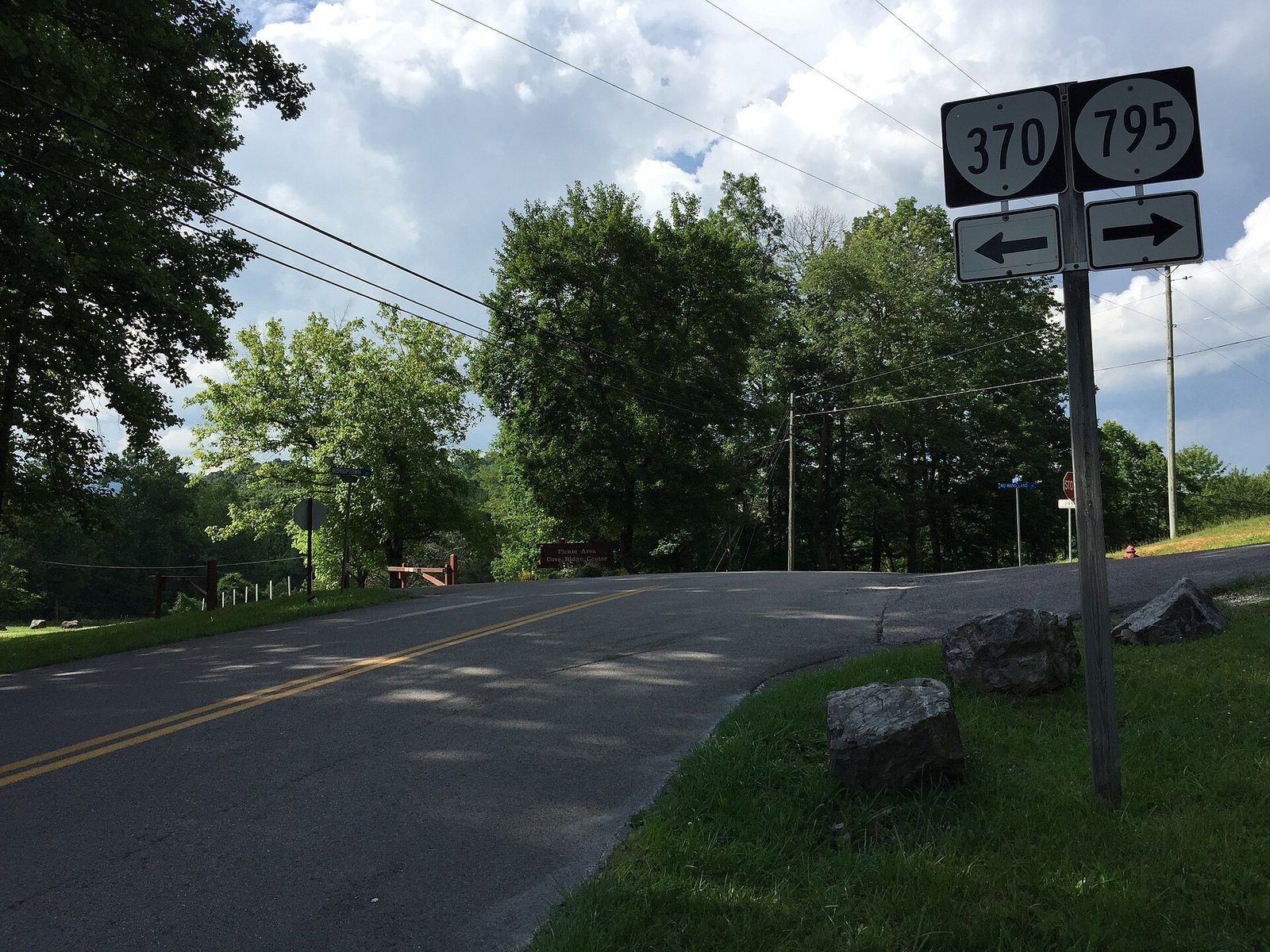 2017-06-12 17 01 22 View north along Bishoptown Road (Virginia State Secondary Route 646) at Virginia State Route 370 and No Mans Land Lane (Virginia State Secondary Route 795) at Natural Tunnel State Park in Scott County, Virginia